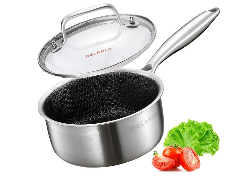 DELARLO TriPly Hybrid Stainless Steel Sauce Pan Hybird 15QT Non Stick Pots All Stove Safe Up to 600 Sauce Pot 15 Quart Non Stick Sauce Pan Saucier Pan Honeycomb PanSmall Saucepan Lids 300