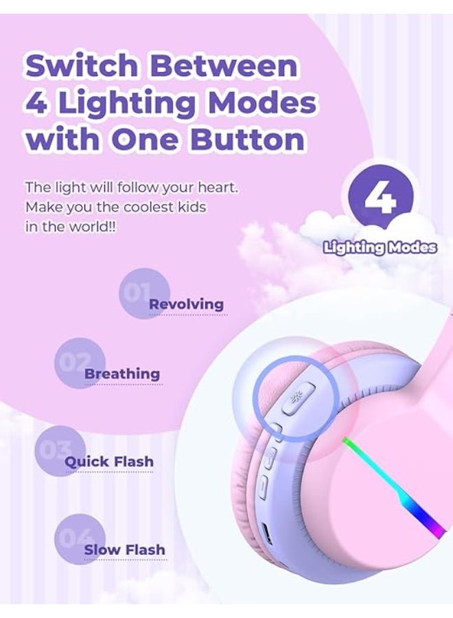 iClever Bluetooth Kids Headphones, BTH12 Colorful LED Lights Kids Wireless Headphones Over Ear with 74/85/94dB Volume Limited, 85H Playtime, Bluetooth 5.2, Built-in Mic for School/Tablet/PC - Image 5