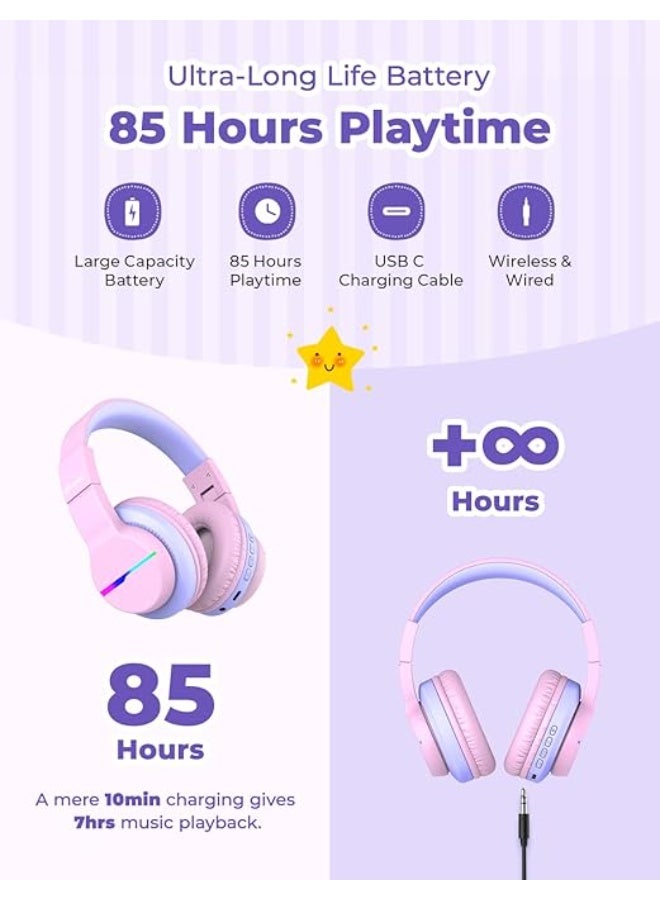 iClever Bluetooth Kids Headphones, BTH12 Colorful LED Lights Kids Wireless Headphones Over Ear with 74/85/94dB Volume Limited, 85H Playtime, Bluetooth 5.2, Built-in Mic for School/Tablet/PC - Image 2