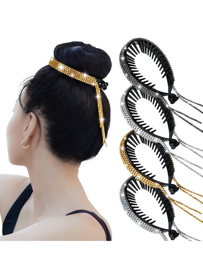 Mtlee 4 Pack Bride Hair Bun Holders Rhinestone Ponytail Holder Glitter Bun Clip Rhinestone Hair Holder For Birds Nest Rhinestone Barrettes Hair Bun Accessories For Women Bride Wedding Party - Image 1