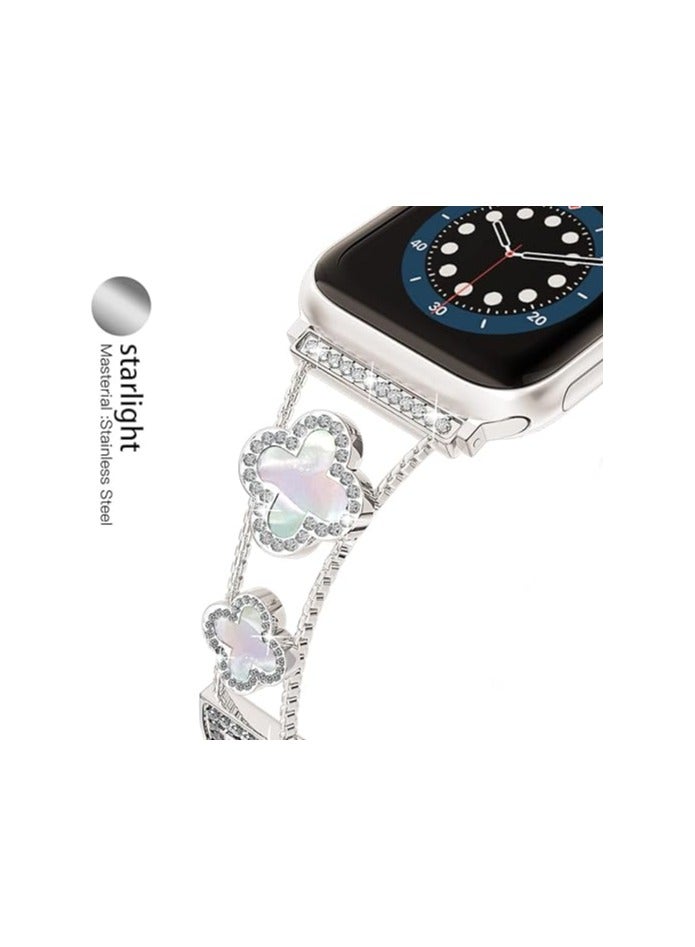 diamond metal band adds sparkle to your watch - Compatible with Apple Watch Series 8/7/6/5/4/3/2/1SE/Ultra - Clover is simple and stylish, fits women's sizes 38mm 40mm 41mm 42mm  - Image 3