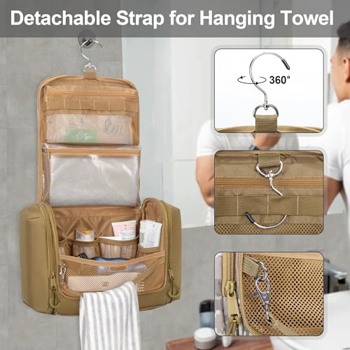 Prokva Tactical Toiletry Travel Bag for Men, Hanging Dopp Kit Hygiene Bag Shower Organizer with Hook for Toiletries and Shaving Care, Khaki (Empty Bag) - Image 5