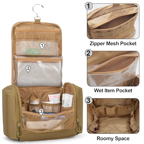 Prokva Tactical Toiletry Travel Bag for Men, Hanging Dopp Kit Hygiene Bag Shower Organizer with Hook for Toiletries and Shaving Care, Khaki (Empty Bag) - Image 2