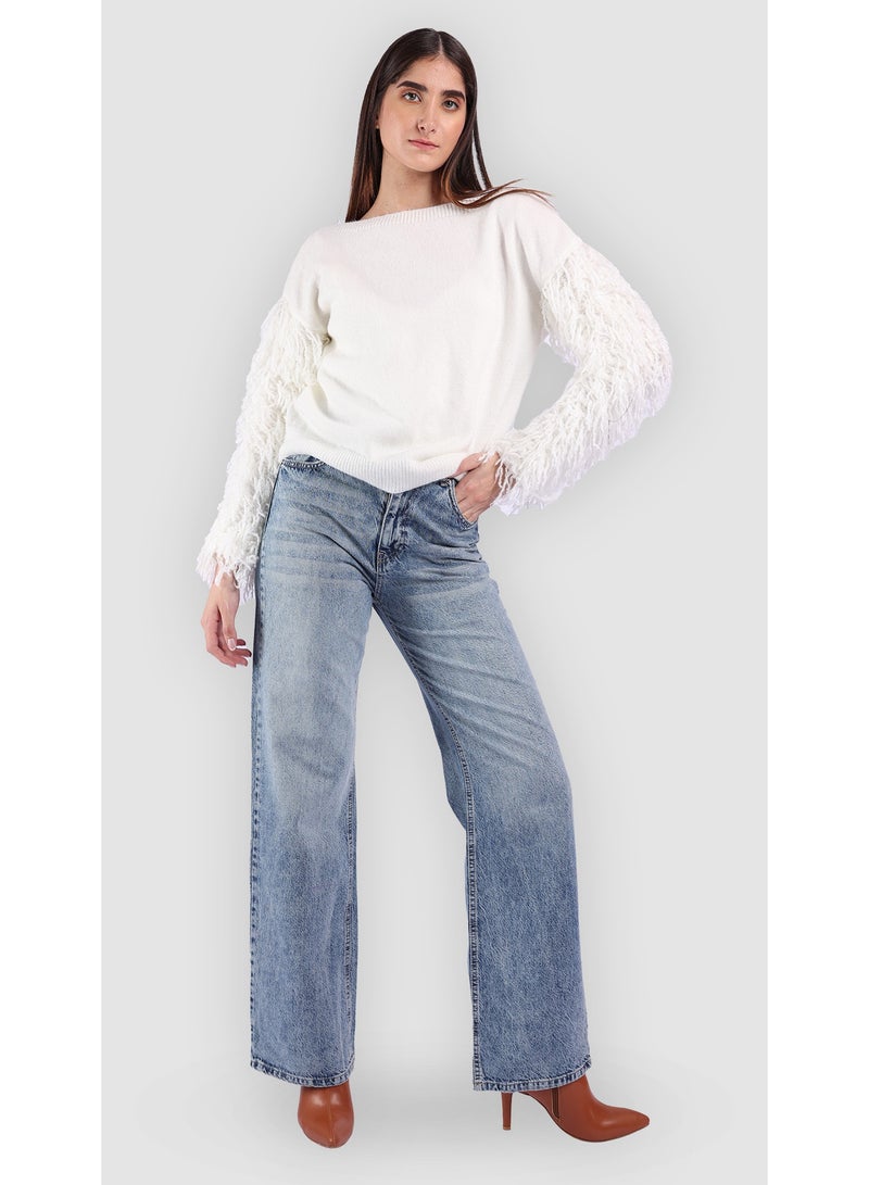 KYVELi Women Fringe Detail Knit Top- White - Image 1