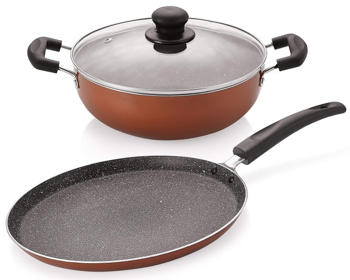BROWNIE GRANITE 3-PIECE ALUMINIUM NON STICK DISHWASHER SAFE COOKWARE COMBO SET [1 FLAT DOSA TAWA 260MM|1 KADHAI 24MM-3 LITER|1 GLASS LID]