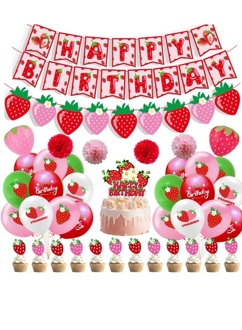 Strawberry 1st Birthday Party Decorations Include Strawberry Shortcake Birthday Banner Cake Toppers Balloons for Girl Berry First Sweet One Themed Birthday Berry Sweet Birthday Party Decorations  - Image 1