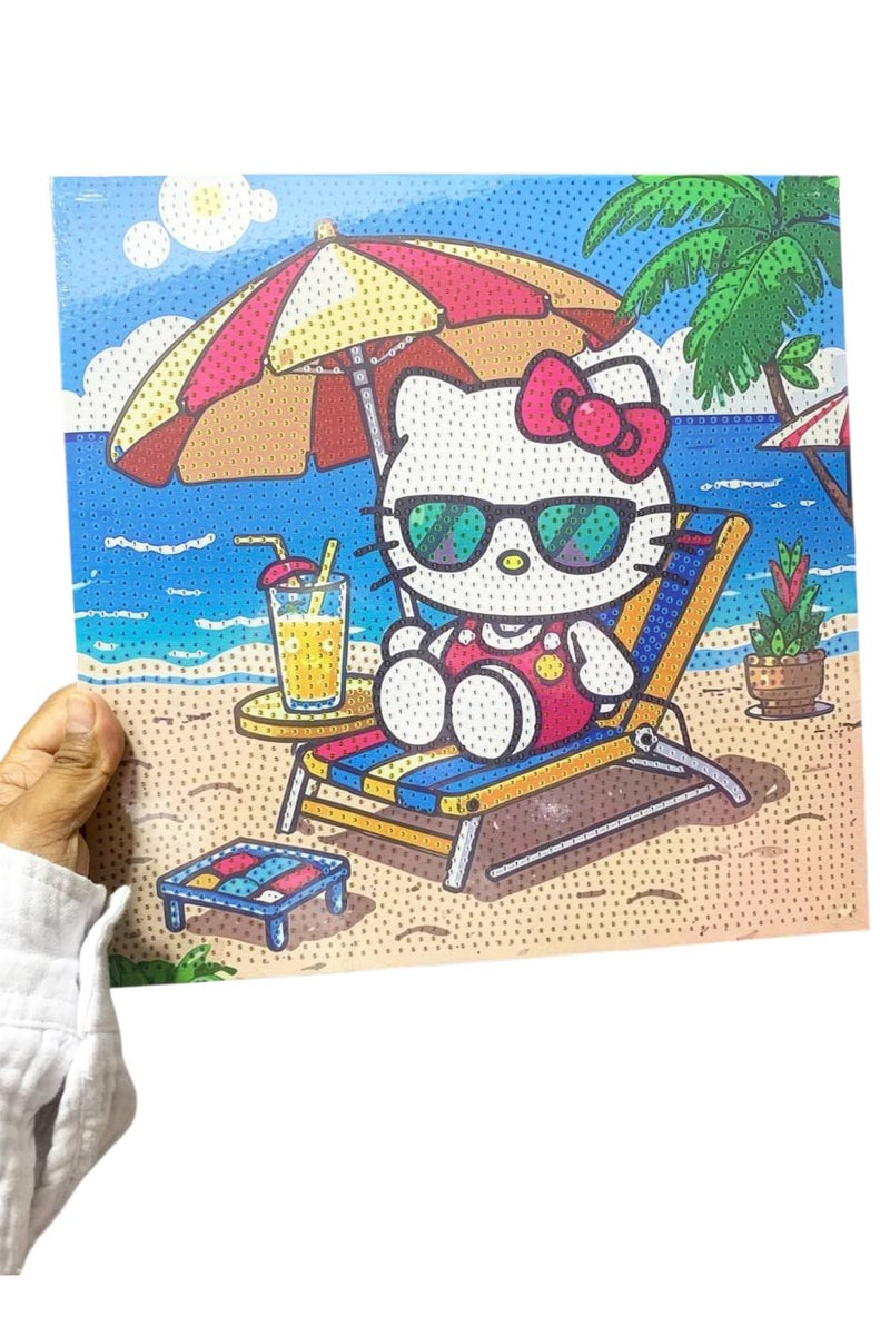 لوحة ألماس (خرز الدايموند) بتصميم "Hello Kitty" تستمتع بأجواء الصيف على الشاطئ! 🏖️😎   ألوان زاهية وتفاصيل مرحة بمقاس 30×30 سم، مثالية لعشاق الشخصيات اللطيفة والأنشطة اليدوية.