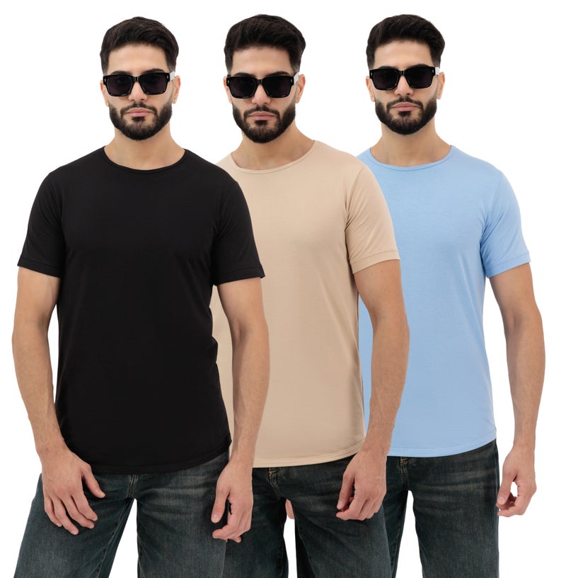 Vasl Hub VaslHub Plain T-Shirts for Men – Cotton Crew Neck Regular Fit – Pack of 3 – Black, Sandstone and Mist - Image 1