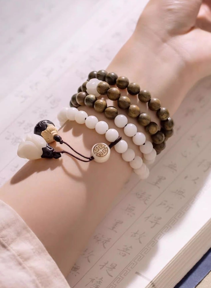 White Jade Bodhi Root Green Sandalwood Retro Sweater Chain Versatile Women's Ethnic Style Necklace Hand Chain Multi Loop Bracelet Hand circumference 17-19cm  - Image 2