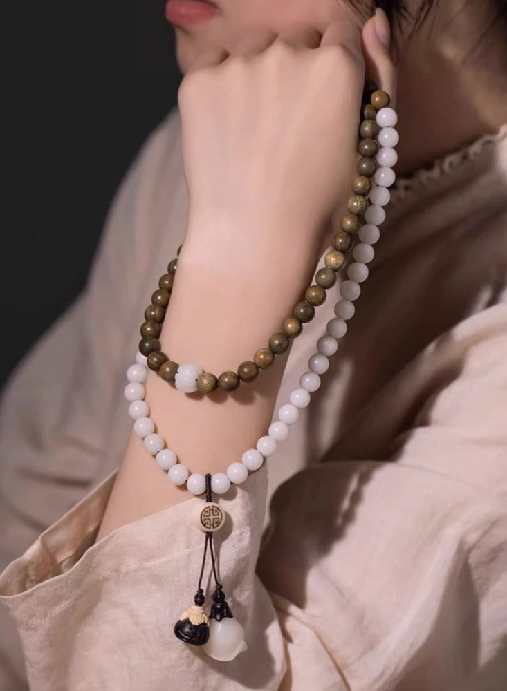 White Jade Bodhi Root Green Sandalwood Retro Sweater Chain Versatile Women's Ethnic Style Necklace Hand Chain Multi Loop Bracelet Hand circumference 17-19cm  - Image 3
