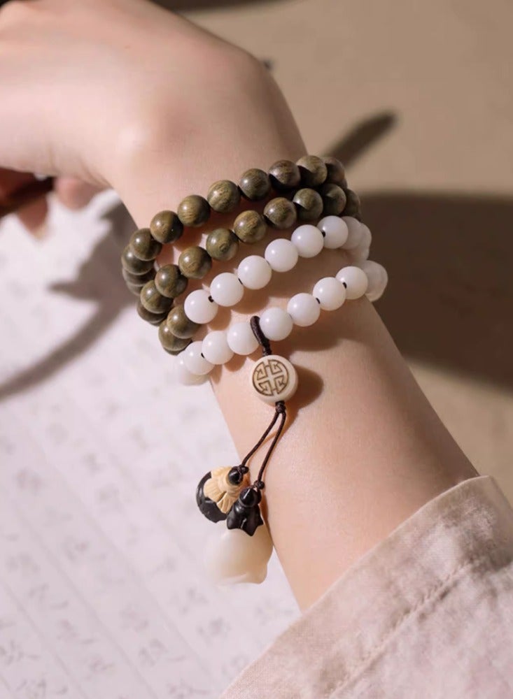 White Jade Bodhi Root Green Sandalwood Retro Sweater Chain Versatile Women's Ethnic Style Necklace Hand Chain Multi Loop Bracelet Hand circumference 17-19cm  - Image 4