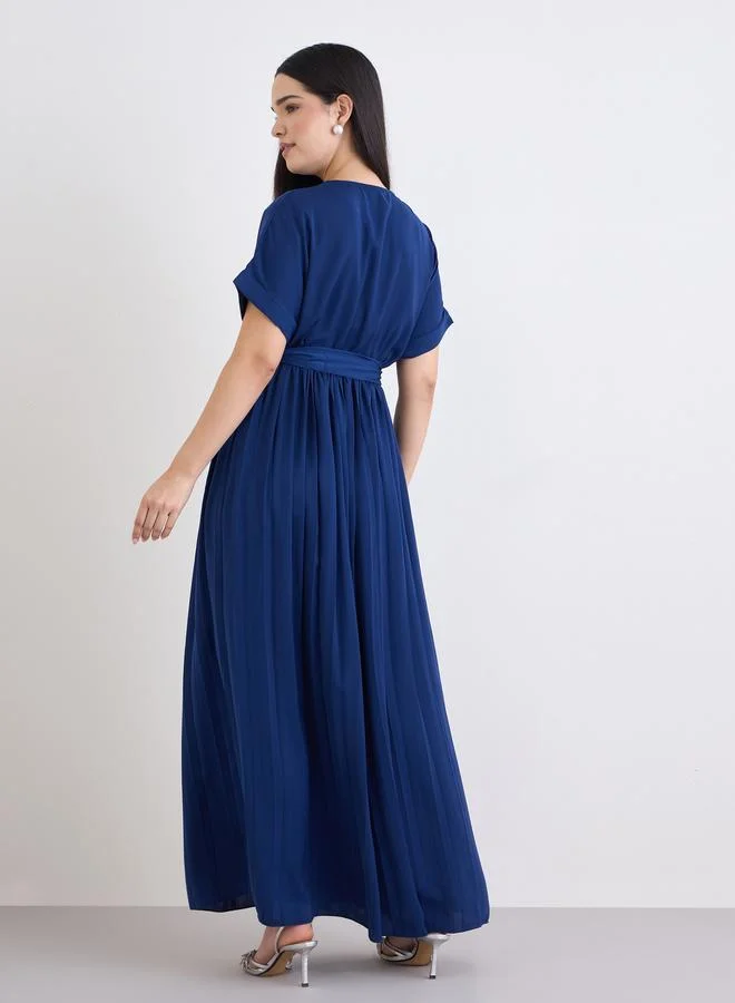 Styli blue Blue V-Neck Wrap Maxi Dress for Women | Best Price UAE
