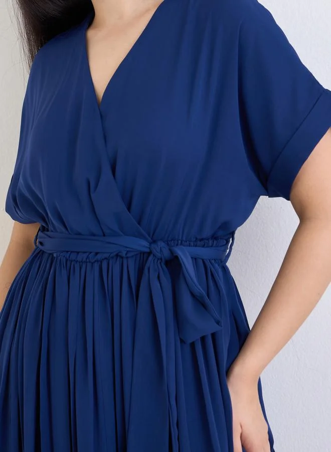 Styli blue Blue V-Neck Wrap Maxi Dress for Women | Best Price UAE