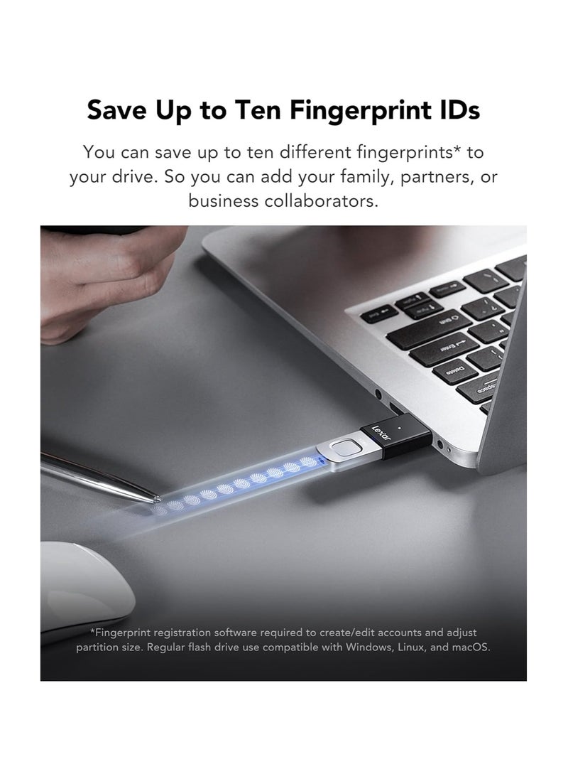 Lexar - Lexar JumpDrive Fingerprint F35 PRO 128GB USB 3.0 Flash Drive, Up to 400MB/s Read/300MB/s Write, USB Stick, 10 Fingerprint IDs Allowed, Memory Stick, PC/Laptop (LJDF35P128G-RNBNG) - Image 1