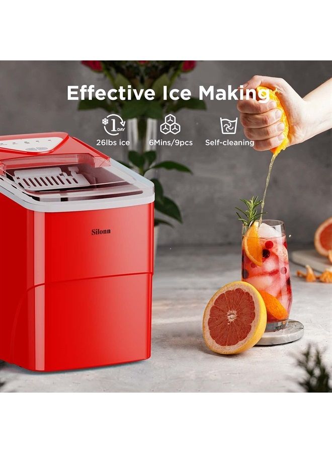 Silonn Ice Makers Countertop, 26lbs in 24Hrs, 9 Cubes Ready in 6 Mins, Self-Cleaning Ice Machine with Ice Scoop and Basket, 2 Sizes of Bullet Ice for Office Bar Party, Red - Image 5