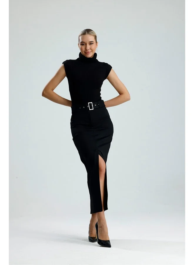 GACACOLLECTION VELARA Yüksel Waist-Belted Black Front Slit