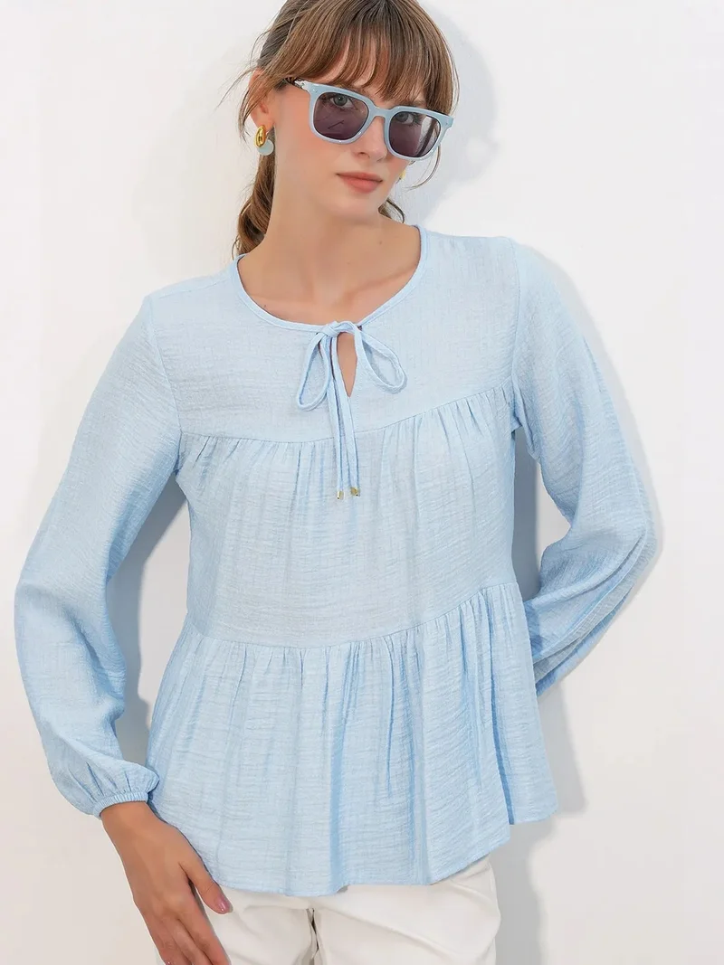 Big Dart Baby Blue BDART Textured Tie-Front Blouse for Women | Best Price UAE