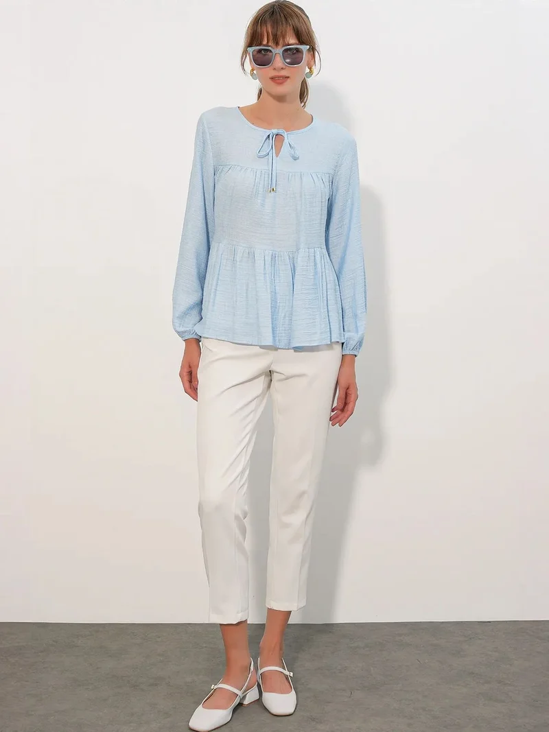 Big Dart Baby Blue BDART Textured Tie-Front Blouse for Women | Best Price UAE