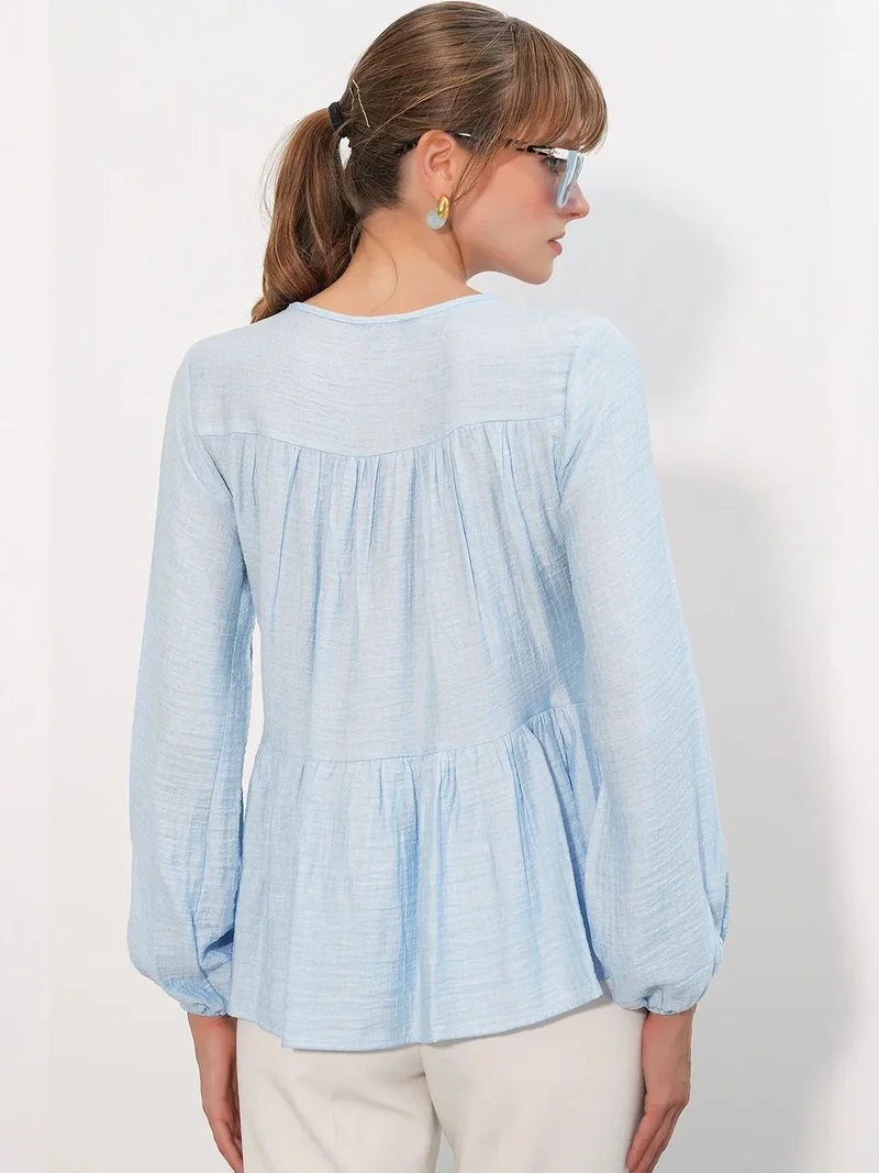 Big Dart Baby Blue BDART Textured Tie-Front Blouse for Women | Best Price UAE