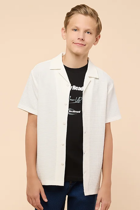 أر أند بي Textured Shirt with Revere Collar and Short Sleeves