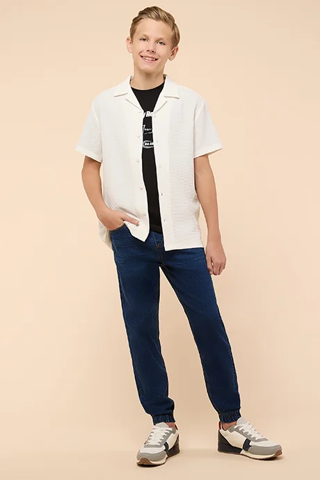 أر أند بي Textured Shirt with Revere Collar and Short Sleeves