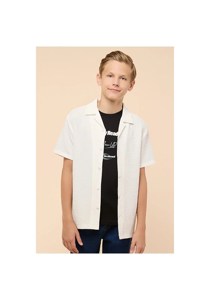 R&b Textured Shirt with Revere Collar and Short Sleeves