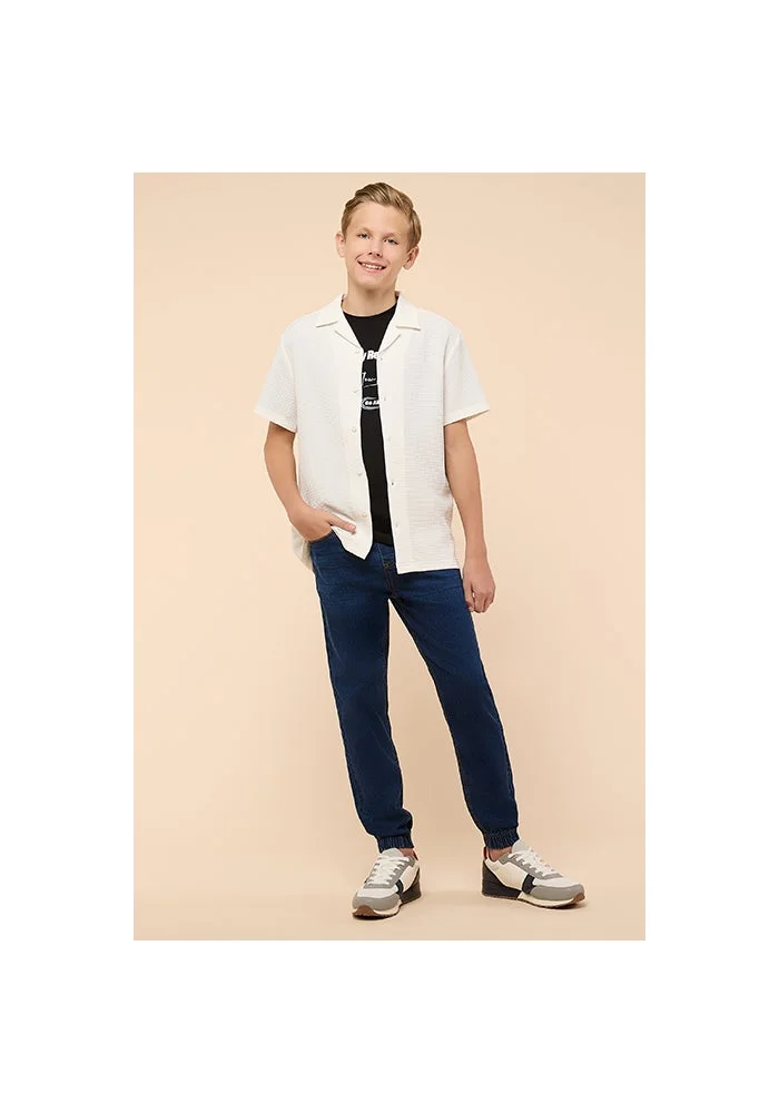 R&b Textured Shirt with Revere Collar and Short Sleeves