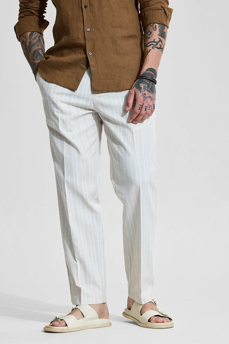 سنيتش Beige Striped Regular Fit Casual Trousers