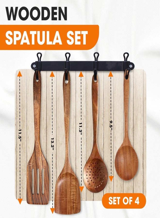 Cheer Collection Teak Wooden Utensil Set - 4-Piece Wood Spatula for Cooking, Wooden Kitchen Utensils Set, Handmade Teak Cooking Utensils, Strainer Spoon & Mixing Spoon - Durable Kitchen Tools - Image 3
