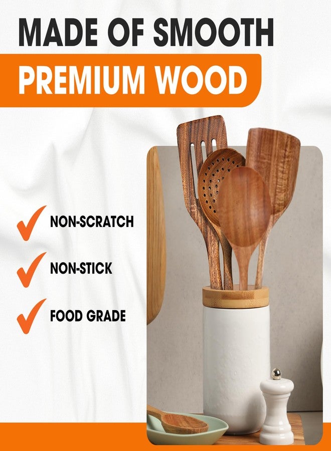 Cheer Collection Teak Wooden Utensil Set - 4-Piece Wood Spatula for Cooking, Wooden Kitchen Utensils Set, Handmade Teak Cooking Utensils, Strainer Spoon & Mixing Spoon - Durable Kitchen Tools - Image 4