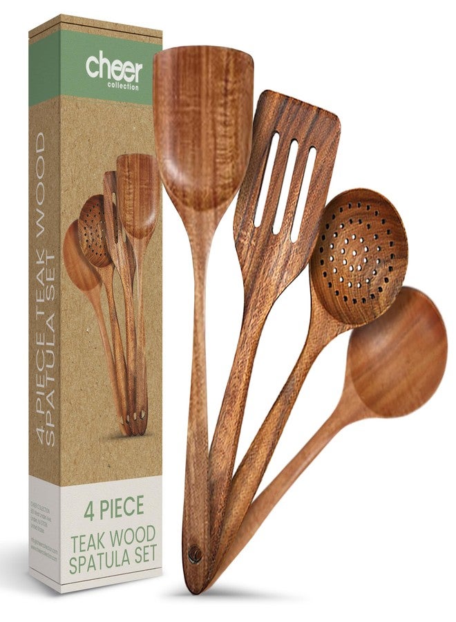 Cheer Collection Teak Wooden Utensil Set - 4-Piece Wood Spatula for Cooking, Wooden Kitchen Utensils Set, Handmade Teak Cooking Utensils, Strainer Spoon & Mixing Spoon - Durable Kitchen Tools - Image 1