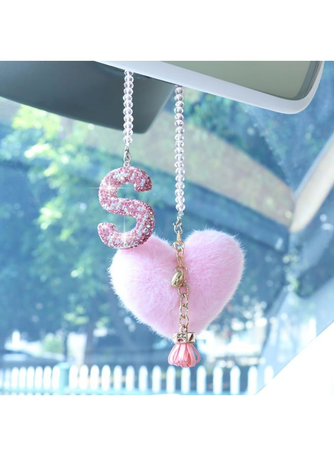 MOTOFITOOL Bling Car Letter Charm, Rear View Mirror Ornament, Cute Hanging Crystal Pendant, Lucky Diamond Rhinestone, Women Auto Decor, Car Mirror Hanging Accessories(S, Pink Tassel Heart) - Image 1