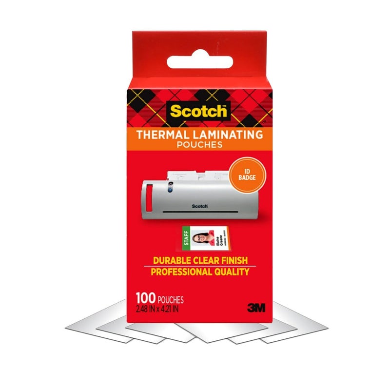 Scotch Thermal Laminating Pouches, 100 Count, Clear, 5 mil., Laminate Business Cards, Banners and Essays, Ideal Office or School Supplies, ID Card Sized (2.4 in. Ã— 4.2 in.) Paper - Image 1