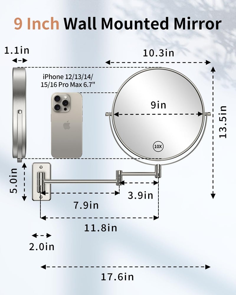 Benbilry 9"" Large Size Wall Mounted Makeup Vanity Mirror  1X/10X Magnifying Double Sided Shaving Mirror For Bathroom  360 Swivel Extendable Arm  Nickel Finish - Image 2