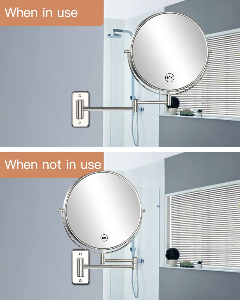 Benbilry 9"" Large Size Wall Mounted Makeup Vanity Mirror  1X/10X Magnifying Double Sided Shaving Mirror For Bathroom  360 Swivel Extendable Arm  Nickel Finish - Image 4