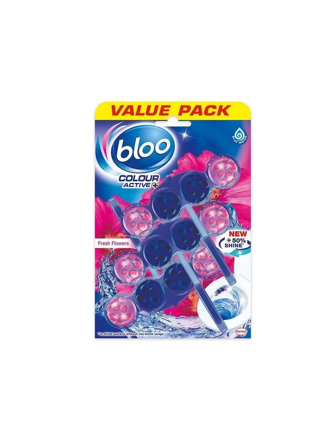 bloo Solid Toilet Rim Block Colour Active Blue Fresh Flower | 4 In 1 Toilet Cleaners With Anti-Limescale, Cleaning Foam, Dirt Protection And Extra Freshness | Pack Of 3, 3X50G - Image 1