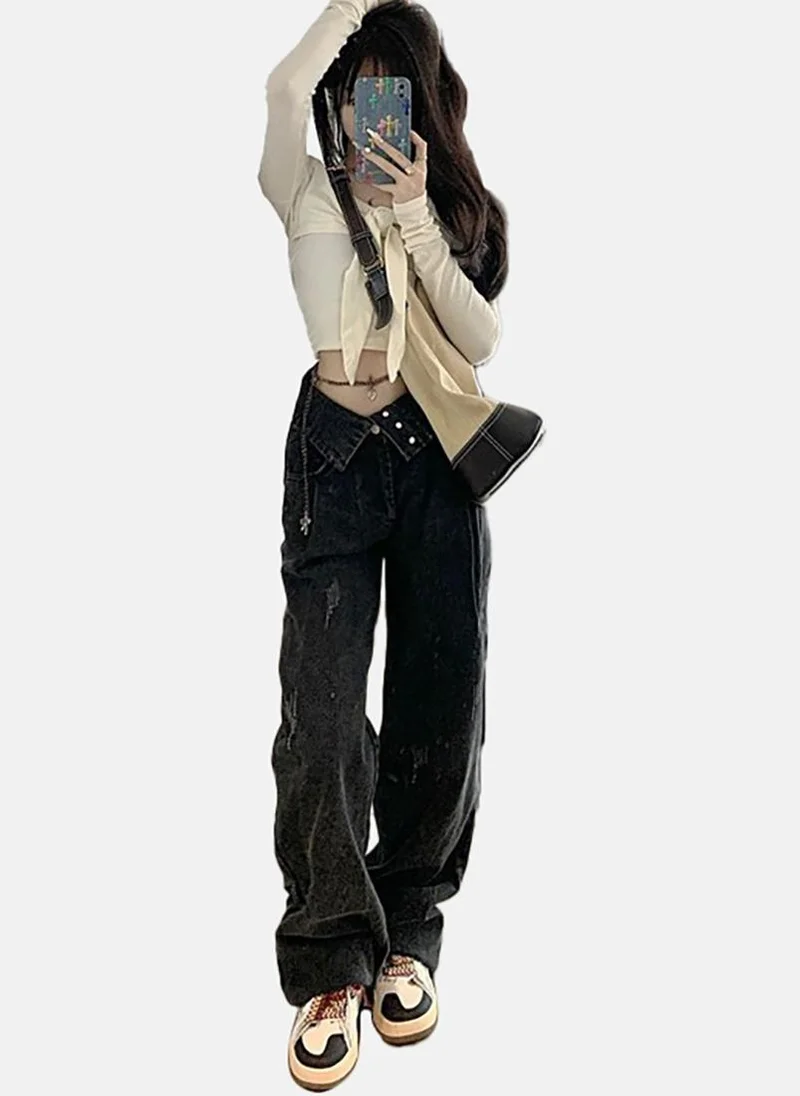 يونيكي Black Solid High Rise Relaxed Fit Jeans