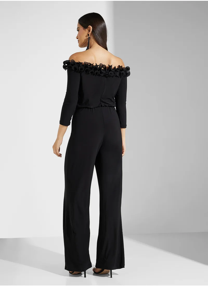 Adrianna Papell Off Shoulder Ruffled Jumpsuit