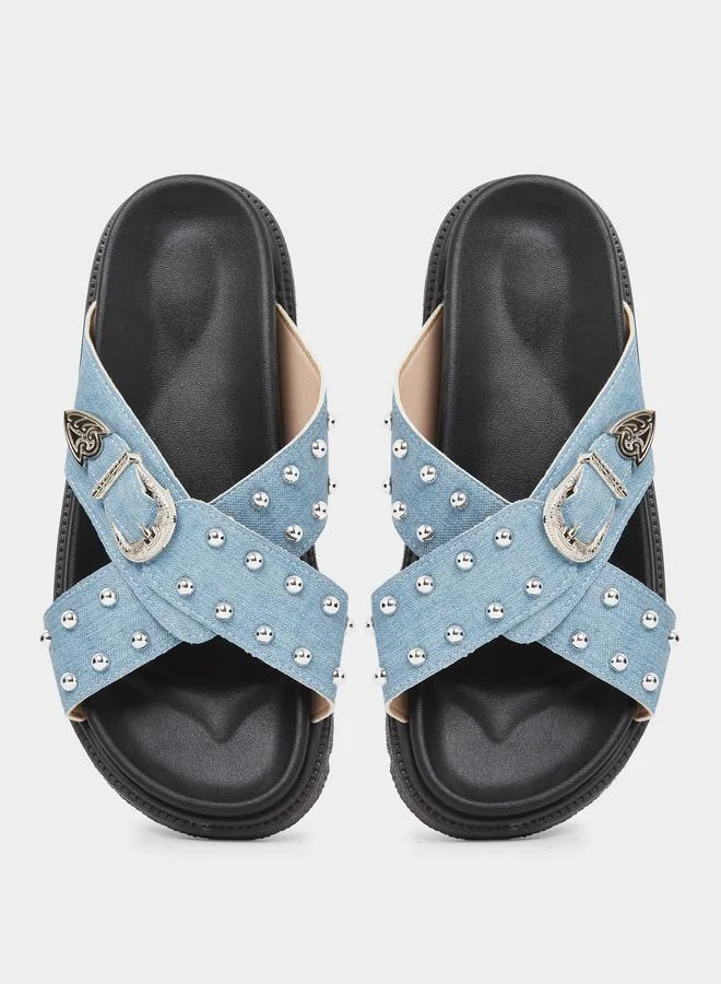 Take Two  Blue Studded Strap Flatform Sandals for Women | Best Price UAE