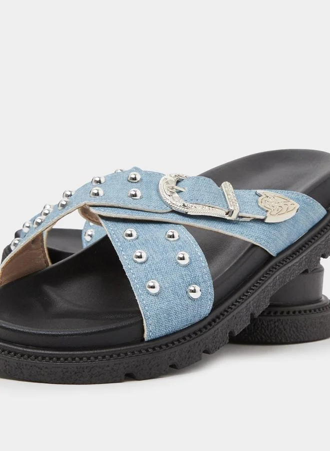 Take Two  Blue Studded Strap Flatform Sandals for Women | Best Price UAE