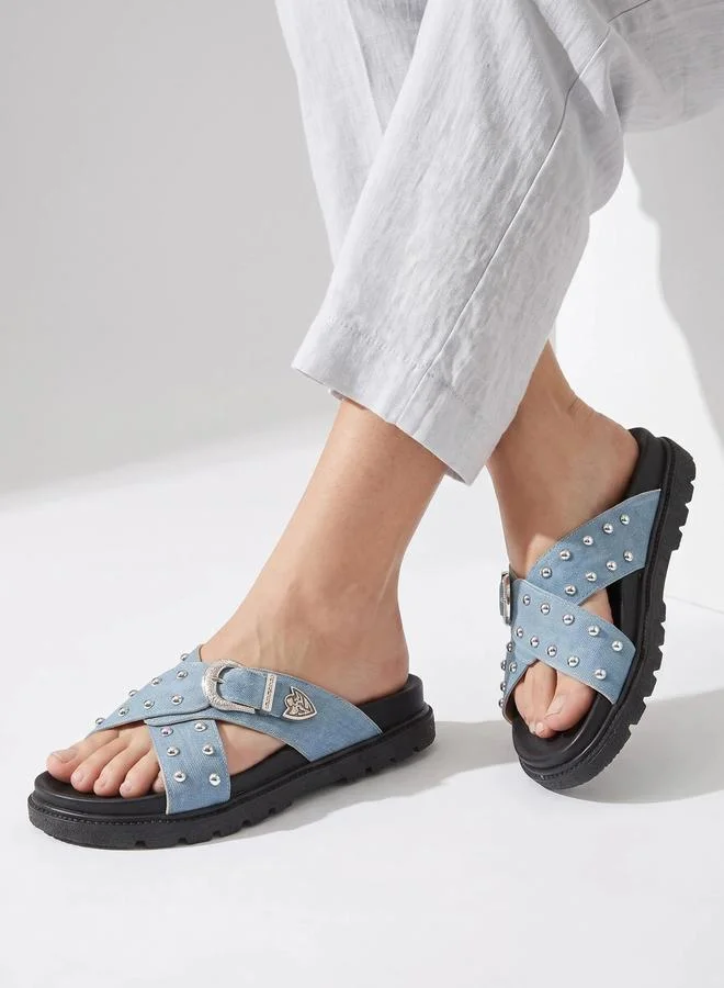 Take Two  Blue Studded Strap Flatform Sandals for Women | Best Price UAE