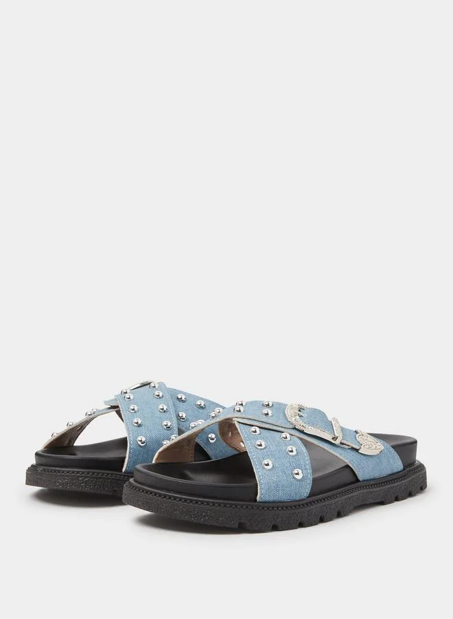 Take Two  Blue Studded Strap Flatform Sandals for Women | Best Price UAE