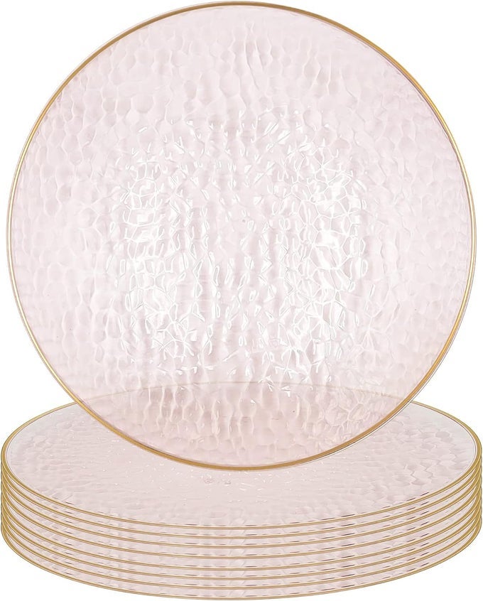 13INCH CHARGER PLATES 8 PACK HAMMERED PINK GOLD RIM HEAVYDUTY DISPOSABLE CHARGERS FOR ELEGANT DINING IDEAL FOR WEDDINGS AND FORMAL EVENTS