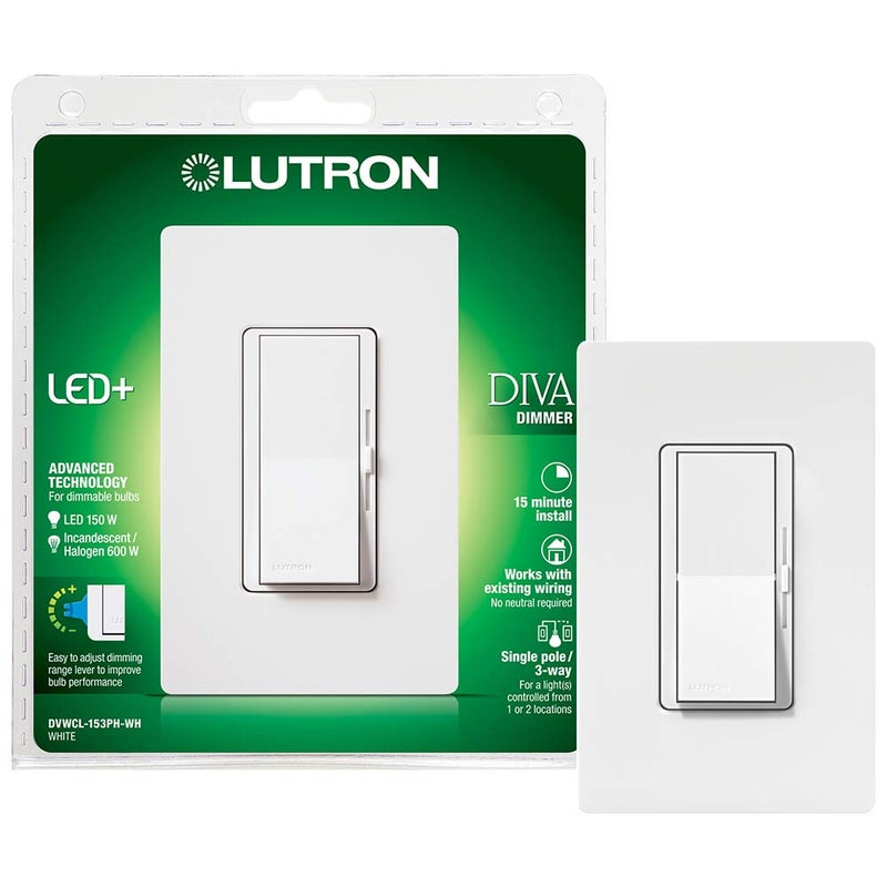 Lutron Diva LED+ Dimmer for Dimmable LED, Halogen and Incandescent Bulbs with Wallplate | 150W/Single-Pole or 3-Way | DVWCL-153PH-WH | White - Image 1