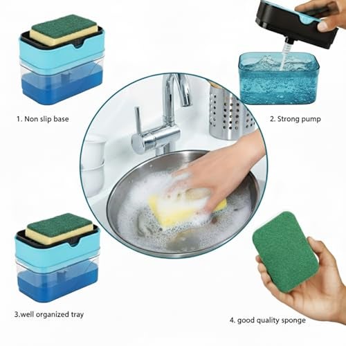 KBS 2 in 1 Liquid Soap Holder Dispenser Pump for Dishwasher 400 ML with Sponge for Kitchen Sink,Bathroom,Restaurant Cleaning Supply Accessories Item Gadgets Multipurpose Durable Plastic (Sky Blue) - Image 5