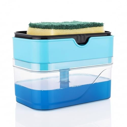 KBS 2 in 1 Liquid Soap Holder Dispenser Pump for Dishwasher 400 ML with Sponge for Kitchen Sink,Bathroom,Restaurant Cleaning Supply Accessories Item Gadgets Multipurpose Durable Plastic (Sky Blue) - Image 1