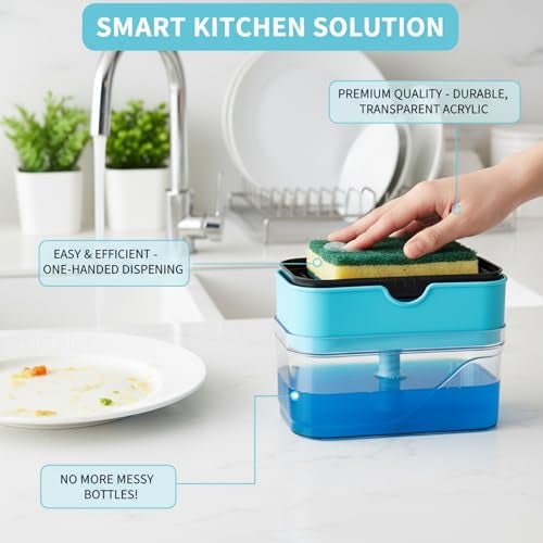 KBS 2 in 1 Liquid Soap Holder Dispenser Pump for Dishwasher 400 ML with Sponge for Kitchen Sink,Bathroom,Restaurant Cleaning Supply Accessories Item Gadgets Multipurpose Durable Plastic (Sky Blue) - Image 2