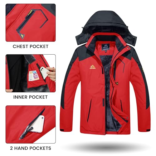 TACVASEN Men's Ski Jacket - Winter Snow Water Resistant Fleece Snowboarding Jacket With Hood - Outdoor Soft Shell Parka Sportswear, Red - Image 5