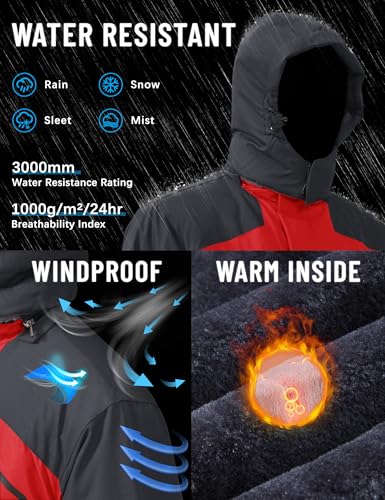 TACVASEN Men's Ski Jacket - Winter Snow Water Resistant Fleece Snowboarding Jacket With Hood - Outdoor Soft Shell Parka Sportswear, Red - Image 2