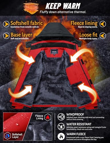 TACVASEN Men's Ski Jacket - Winter Snow Water Resistant Fleece Snowboarding Jacket With Hood - Outdoor Soft Shell Parka Sportswear, Red - Image 3